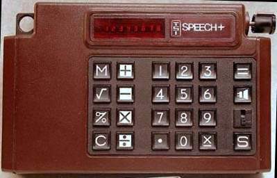 Speech+ calculator with its red LED display, keypad, speaker key, and power/volume knob.
