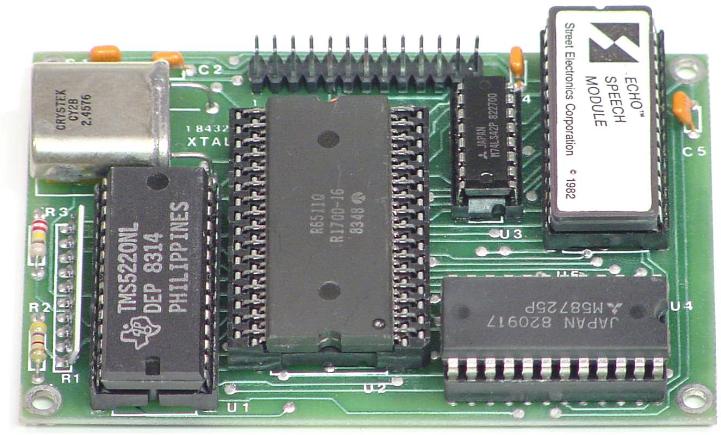 ECHO speech module showing the TMS5220NL, R6504 processor, memory, and Street Electronics ROM.