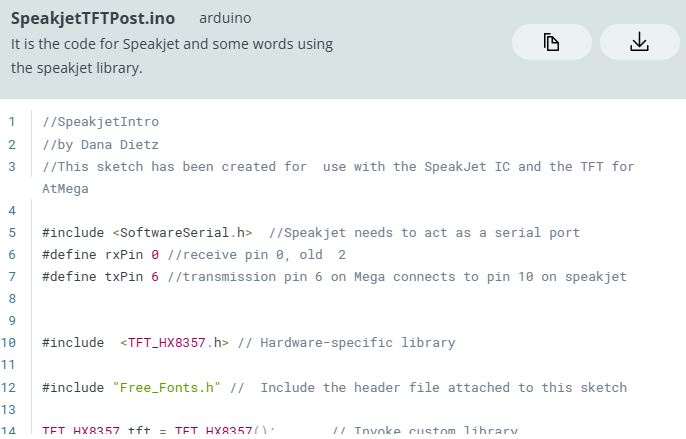 Screenshot of the SpeakjetTFTPost.ino code on the SpeakJet with TFT Screen project page.