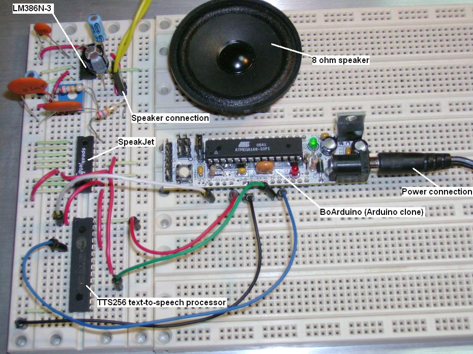 Arduino text-to-speech prototype showing the SpeakJet, TTS256 processor, Arduino board, and speaker.