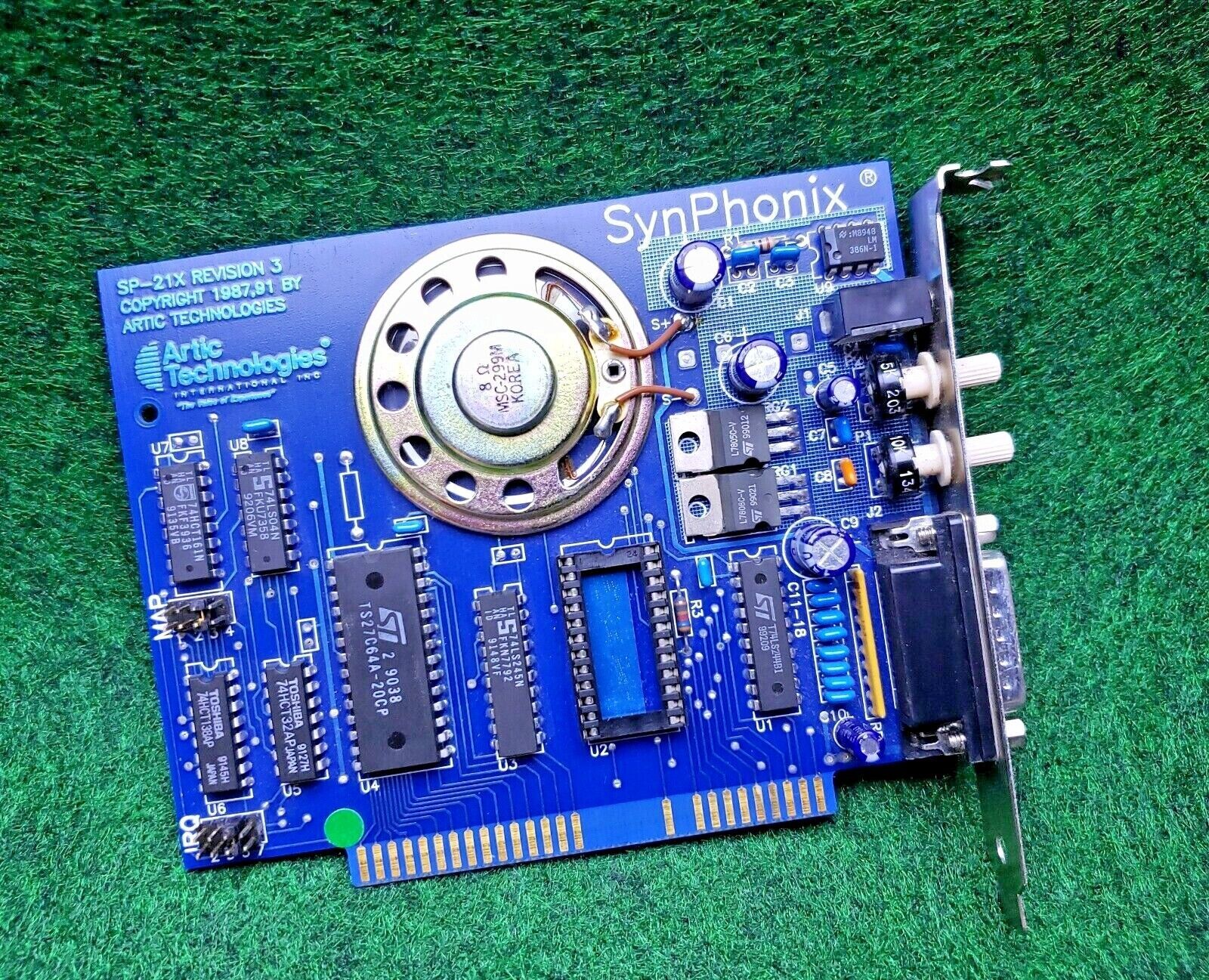 Artic Technologies SynPhonix SP-21X Revision 3 ISA speech card, with speaker and empty SSI-263 socket at U2