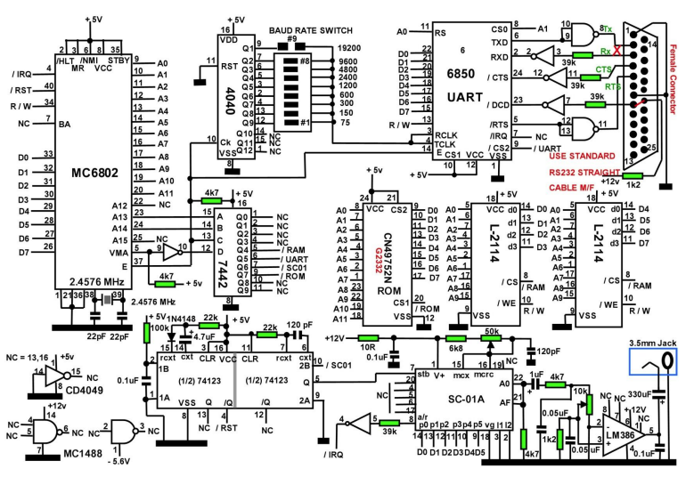 Circuit schematic for a Votrax Type ’N Talk replica, showing the 6802 processor, SC-01A speech chip, UART, baud-rate switch, and audio amplifier.