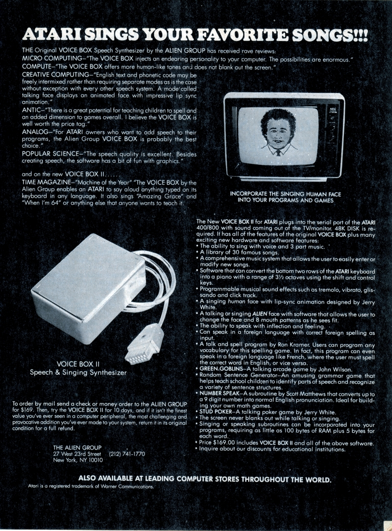 1983 advertisement for the later Voice Box II singing package