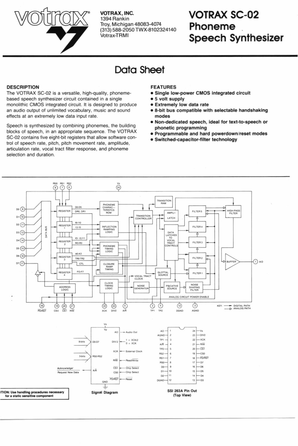 SSI-263 block diagram: sound sources, vocal-tract filters, and the controller that moves between speech sounds.